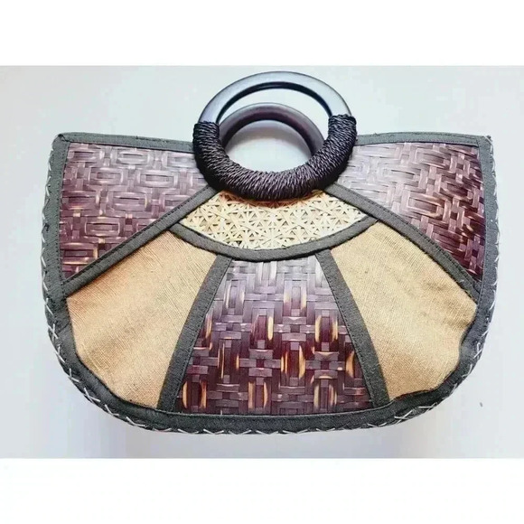 Vintage Unique Wood Exterior Satchel Top Handle Bag Vacation Resortwear Summer - Picture 5 of 12